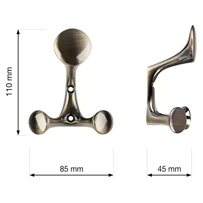 Walteco Garderobenhaken Ligos - L x B x H: 156 x 58 x 73 mm, Anzahl Haken: 3 Stk., Bronze - Antikbronze dreifacher Garderobenhaken zum Aufhängen, Vorder- und Seitenansicht.