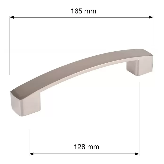 Walteco Möbelgriff Anzio - Lochabstand: 128 mm, Aluminium, Vernickelt matt - Gebürsteter silberner, geschwungener Möbelgriff, 165 mm lang mit 128 mm Lochabstand.