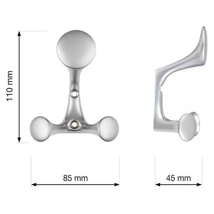 Walteco Garderobenhaken Ligos - L x B x H: 156 x 58 x 73 mm, Anzahl Haken: 3 Stk., Verchromt matt - Silberfarbener satinierter Dreifach-Kleiderhaken mit drei abgerundeten Knöpfen, Vorder- und Seitenansicht.