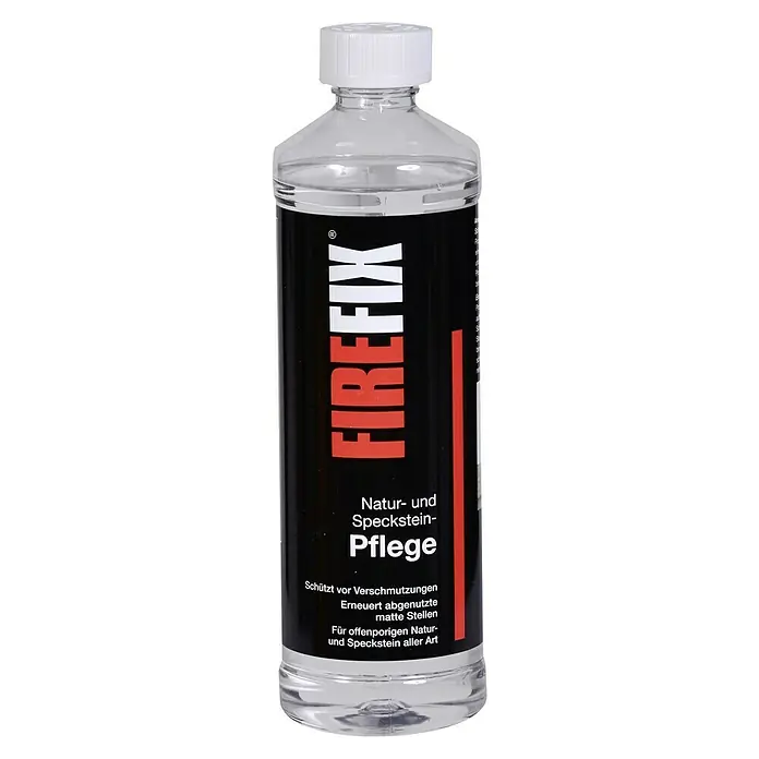 Firefix Reinigungs- & Pflegemittel - Geeignet für: Kaminöfen, 500 ml, Natur- & Speckstein - Produktbild einer Flasche Firefix Natur- und Speckstein-Pflege. Es schützt Natur- und Specksteine und erneuert abgenutzte, matte Stellen.