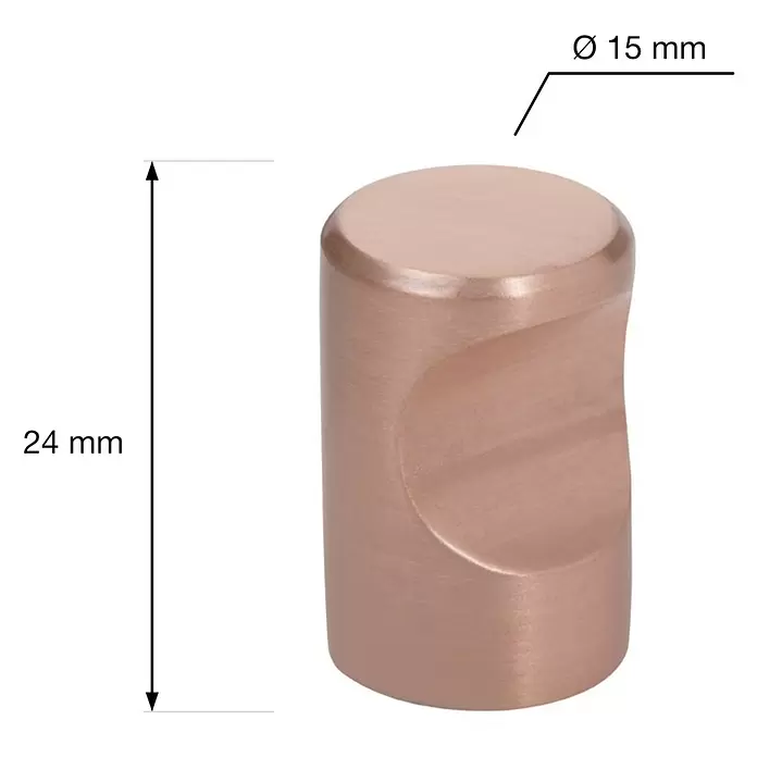 Walteco Möbelknopf Venlo - Durchmesser: 15 mm, Sonstige, Kupfer - Zylindrischer roségoldener Möbelknauf mit gebogener Vertiefung, 15 mm Durchmesser x 24 mm Höhe.