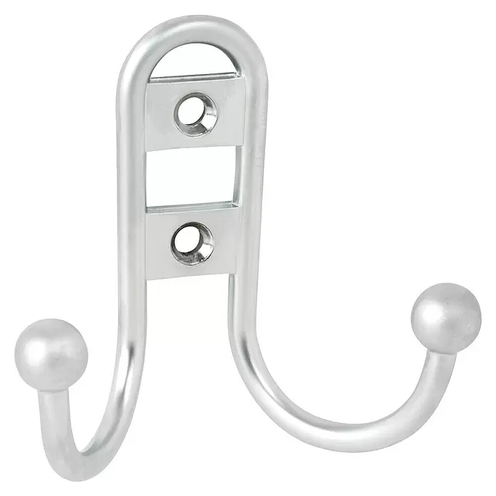Walteco Garderobenhaken Lorex II - L x B x H: 67 x 73 x 35 mm, Anzahl Haken: 2 Stk., Verchromt matt - Silberner Metall-Doppelhaken mit zwei Befestigungslöchern und runden Enden.