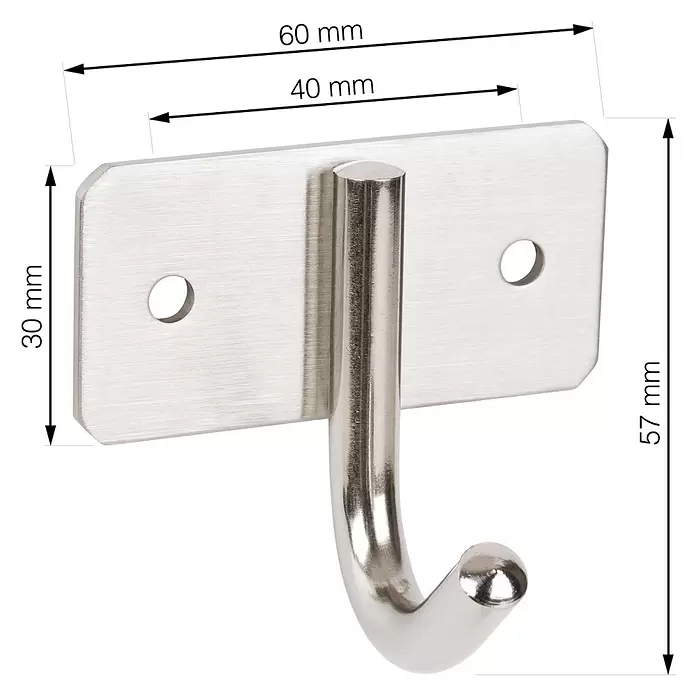 Walteco Garderobenhaken - L x B x H: 53 x 60 x 44 mm, Anzahl Haken: 1 Stk., Metall-Optik - Gebürsteter silberner Metallhaken mit einer flachen rechteckigen Montageplatte.