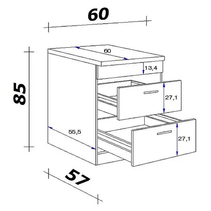 Flex-Well Lund Unterschrank für Kochstelle - B x T x H: 60 x 60 x 85 cm, Lichtgrau - Weißer Nachttisch mit zwei Schubladen und einem oberen Fach, Maße angegeben.