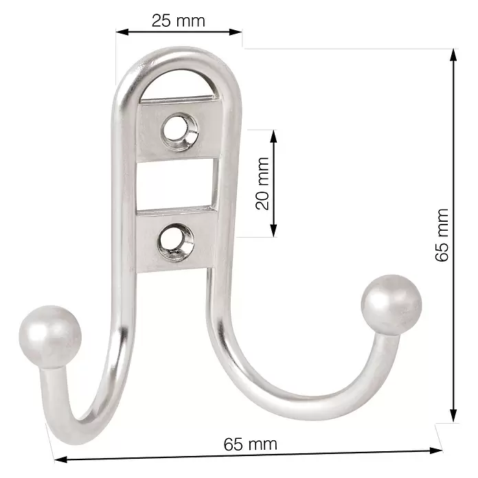 Walteco Garderobenhaken Lorex II - L x B x H: 67 x 73 x 35 mm, Anzahl Haken: 2 Stk., Vernickelt matt - Silberfarbener Doppel-Kleiderhaken aus Metall mit zwei Schraublöchern, 65mm hoch und 65mm breit.