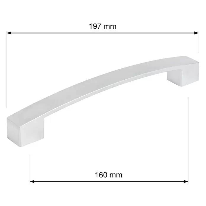 Walteco Möbelgriff Anzio - Lochabstand: 160 mm, Aluminium, Verchromt matt - Gebogener silberner Möbelgriff, 197 mm Gesamtlänge, 160 mm Lochabstand.