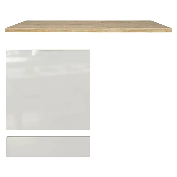 Flex-Well Lund Geschirrspülerfront - B x T x H: 110 x 60 x 85 cm, Lichtgrau - Helle Holzplatte und zwei weiße Schrankpaneele.