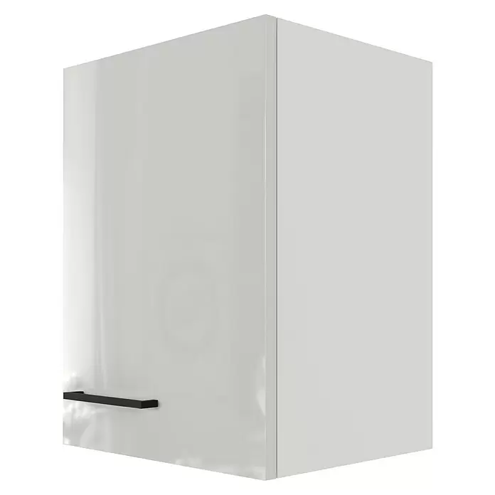 Flex-Well Lund Küchen-Hängeschrank - B x T x H: 40 x 32 x 54,8 cm, Lichtgrau - Weißer Hochglanz-Küchenhängeschrank mit schwarzem Stangengriff.