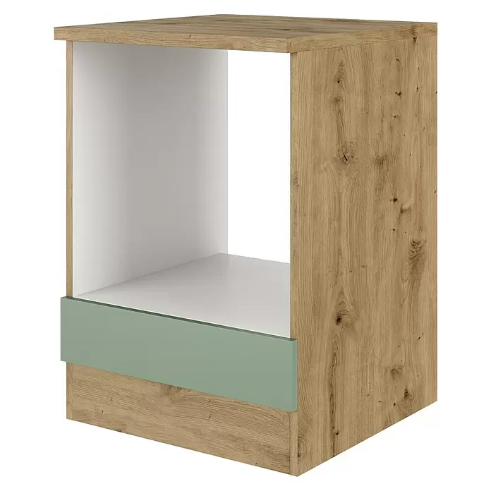 Flex-Well Cara Herdumbauschrank - B x T x H: 60 x 60 x 85 cm, Grün - Schrank in Holzoptik mit offenem weißem Innenraum und hellgrüner Bodenplatte, ideal für Einbauofen oder Stauraum.