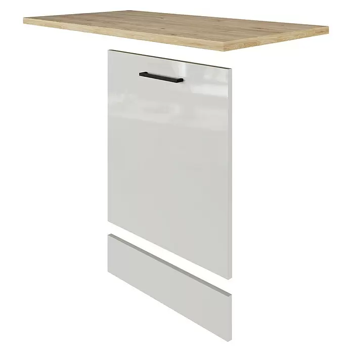 Flex-Well Lund Geschirrspülerfront - B x T x H: 110 x 60 x 85 cm, Lichtgrau - Modulare Möbelkomponenten: eine helle Holzmaserung-Deckplatte, eine weiße Hochglanz-Schubladenfront mit schwarzem Griff und eine flache weiße Platte.