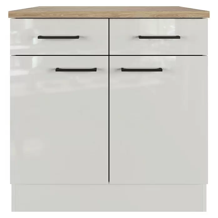 Flex-Well Lund Küchen-Unterschrank - B x T x H: 80 x 60 x 85 cm, Lichtgrau - Weißer Schrank mit zwei Schubladen und zwei Türen, heller Holzplatte und schwarzen Griffen.