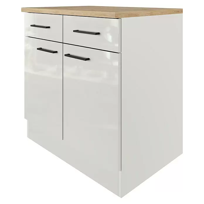 Flex-Well Lund Küchen-Unterschrank - B x T x H: 80 x 60 x 85 cm, Lichtgrau - Weißer Hochglanzschrank mit heller Holzplatte, zwei Schubladen und zwei Türen mit schwarzen Griffen.