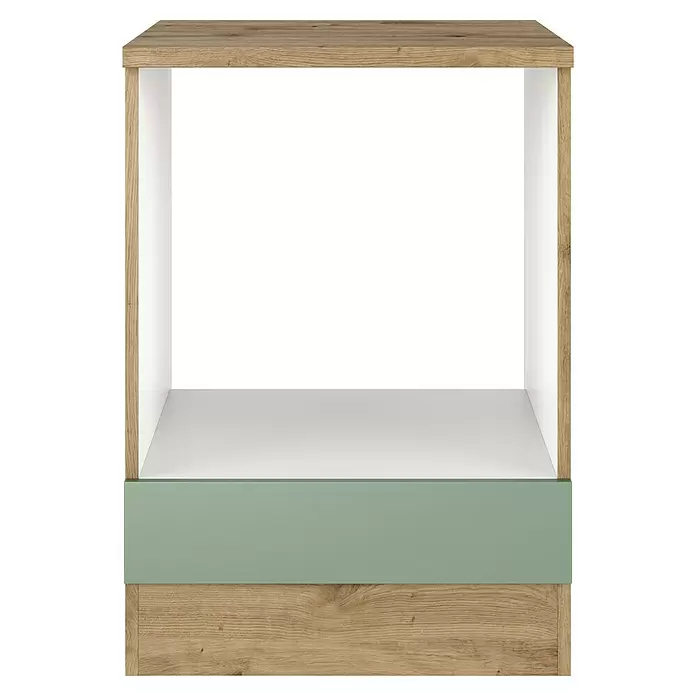 Flex-Well Cara Herdumbauschrank - B x T x H: 60 x 60 x 85 cm, Grün - Kompaktes Holzregal mit weißem Innenraum und hellgrüner Frontplatte zur Aufbewahrung.