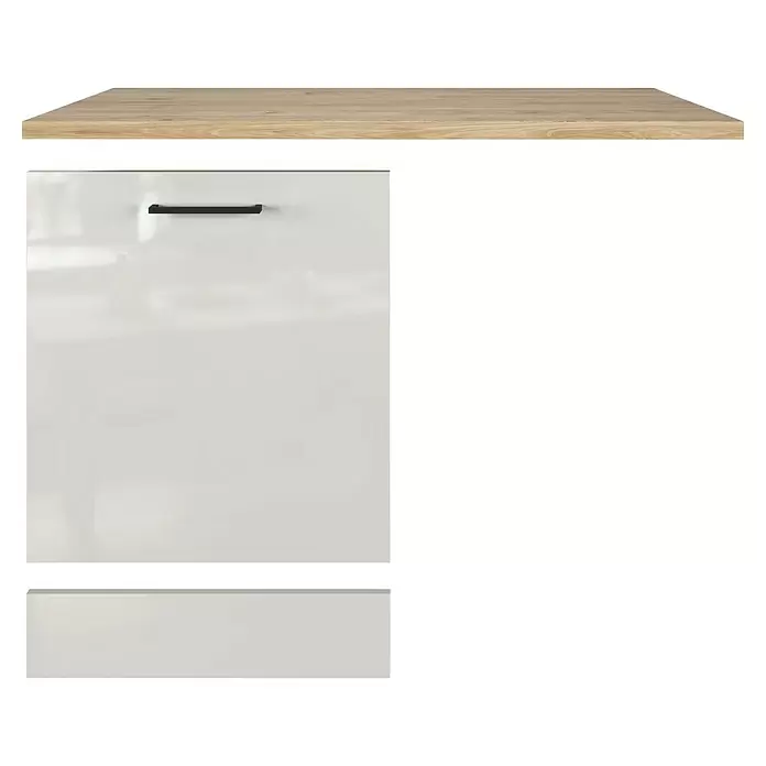 Flex-Well Lund Geschirrspülerfront - B x T x H: 110 x 60 x 85 cm, Lichtgrau - Helle Holz-Arbeitsplatte mit zwei weißen Schrankfronten, eine mit schwarzem Griff.