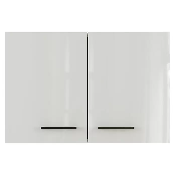 Flex-Well Lund Küchen-Hängeschrank - B x T x H: 80 x 32 x 54,8 cm, Lichtgrau - Zwei weiße Hochglanz-Schranktüren mit eleganten schwarzen Griffen.