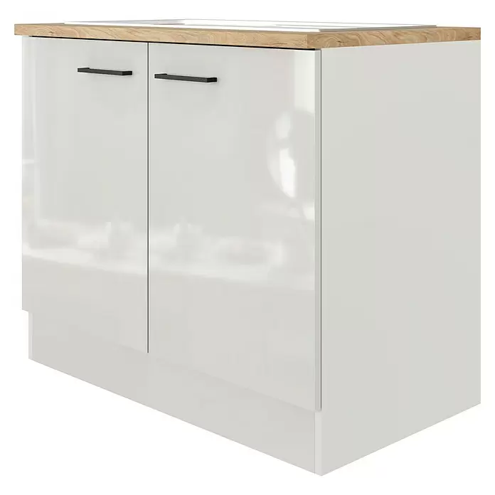 Flex-Well Lund Spülenunterschrank - B x T x H: 100 x 60 x 85 cm, Lichtgrau - Weißer Küchenunterschrank mit zwei Türen, schwarzen Griffen und heller Holzoptik-Arbeitsplatte.