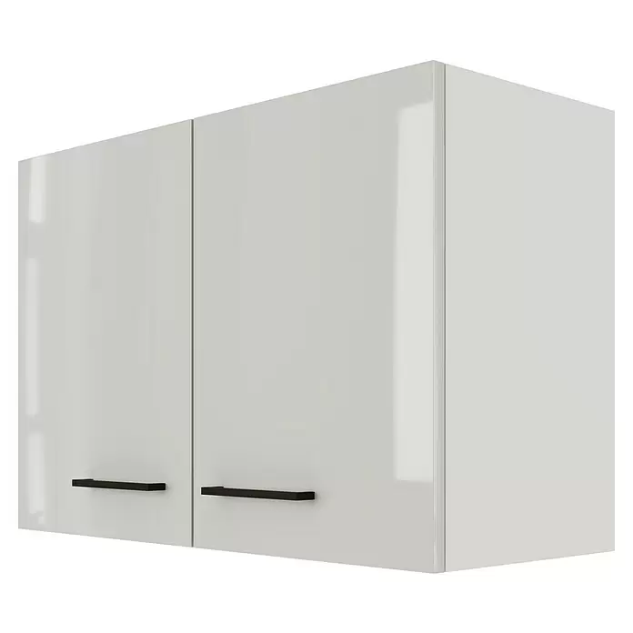 Flex-Well Lund Küchen-Hängeschrank - B x T x H: 80 x 32 x 54,8 cm, Lichtgrau - Zwei weiße Hochglanz-Küchenhängeschränke mit schwarzen Griffen.