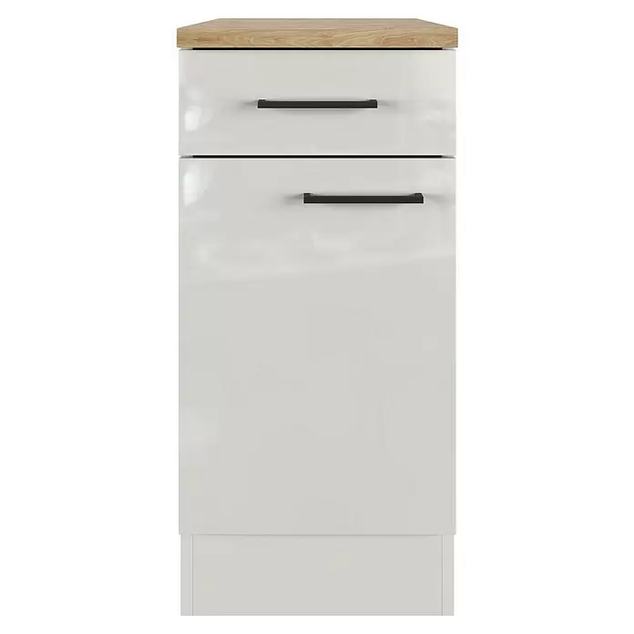 Flex-Well Lund Küchen-Unterschrank - B x T x H: 40 x 60 x 85 cm, Lichtgrau - Weißglänzender Unterschrank mit Holzoptik-Platte, zwei Schubladen, einer Tür und schwarzen Griffen.