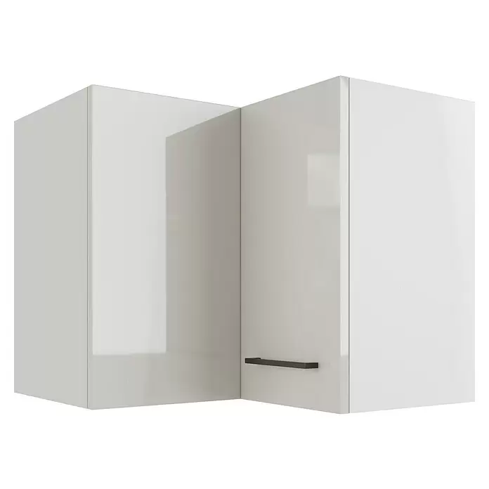 Flex-Well Lund Küchen-Eck-Hängeschrank - B x T x H: 60 x 32 x 54,8 cm, Lichtgrau - Weiße hochglänzende Eckküchenschränke mit dunklem Griff.