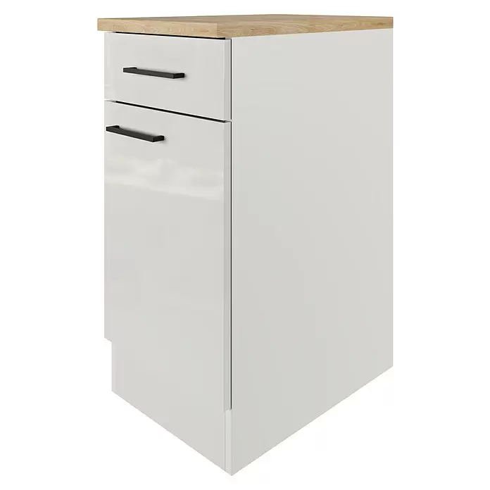 Flex-Well Lund Küchen-Unterschrank - B x T x H: 40 x 60 x 85 cm, Lichtgrau - Weißer Küchenunterschrank mit zwei Schubladen, schwarzen Griffen und heller Holzplatte.