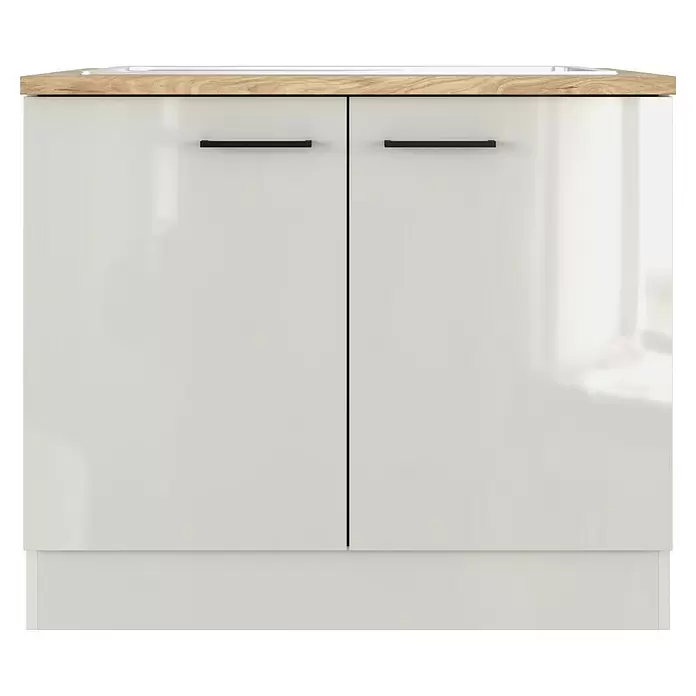 Flex-Well Lund Spülenunterschrank - B x T x H: 100 x 60 x 85 cm, Lichtgrau - Weißer Hochglanz-Unterschrank mit zwei Türen, schwarzen Griffen und heller Holzplatte.