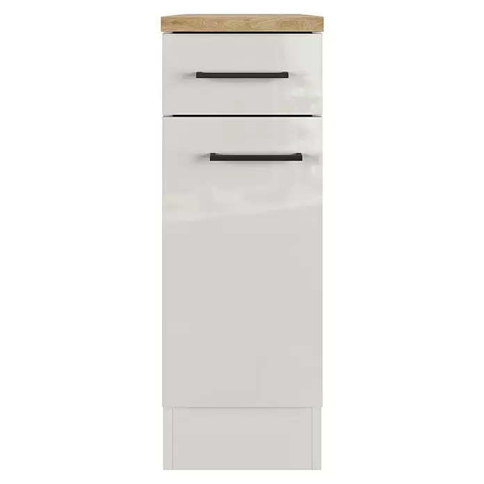 Flex-Well Lund Küchen-Unterschrank - B x T x H: 30 x 60 x 85 cm, Lichtgrau - Weißer Hochglanzschrank mit Arbeitsplatte in Holzoptik, zwei Schubladen mit schwarzen Griffen und einem Unterschrank.