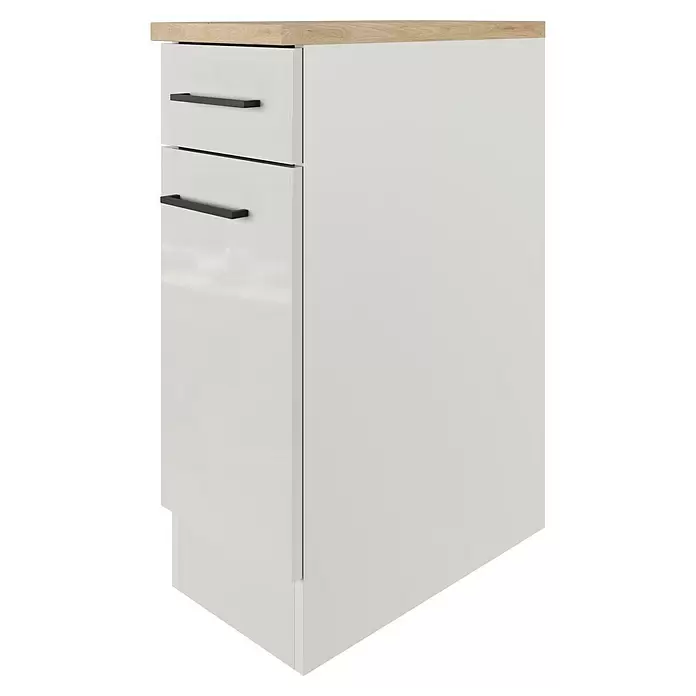 Flex-Well Lund Küchen-Unterschrank - B x T x H: 30 x 60 x 85 cm, Lichtgrau - Weißer Schrank mit zwei Schubladen, einer Tür, schwarzen Griffen und einer hellen Holzplatte.