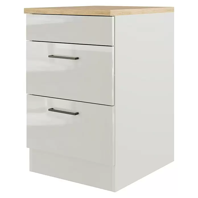 Flex-Well Lund Unterschrank für Kochstelle - B x T x H: 60 x 60 x 85 cm, Lichtgrau - Weißer Hochglanz-Schubladenschrank mit Holzplatte und dunkelgrauen Griffen.