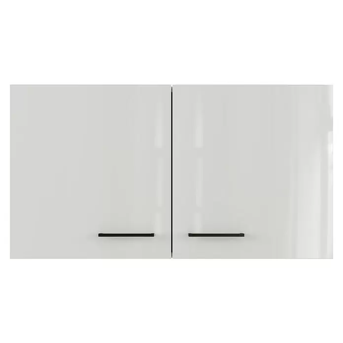 Flex-Well Lund Küchen-Hängeschrank - B x T x H: 100 x 32 x 54,8 cm, Lichtgrau - Zwei weiße Hochglanz-Schranktüren mit schwarzen Griffen.