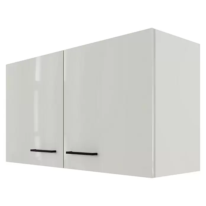 Flex-Well Lund Küchen-Hängeschrank - B x T x H: 100 x 32 x 54,8 cm, Lichtgrau - Glänzender weißer zweitüriger Küchenoberschrank mit zwei schwarzen Griffen.