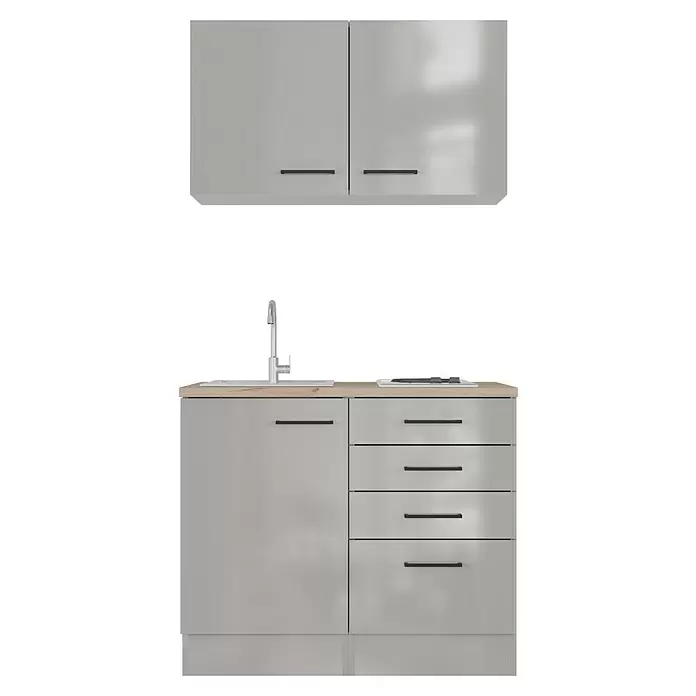 Flex-Well Lund Miniküche - Breite: 100 cm, Lichtgrau, Mit Elektrogeräten - Hellgraue Küchenzeile mit Holzplatte, Spüle, Kochfeld, Oberschränken und Unterschränken mit dunklen Griffen.