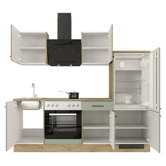 Flex-Well Cara Küchenzeile - Breite: 220 cm, Schilfgrün Antifingerprint / Artisan Eiche, Mit Elektrogeräten, Edelstahlspüle - Moderne Küchenzeile mit Holzoptik-Sockel, weißen und hellgrünen Schränken, schwarzem Ofen, Kochfeld, Dunstabzugshaube und offenem Kühlschrank.