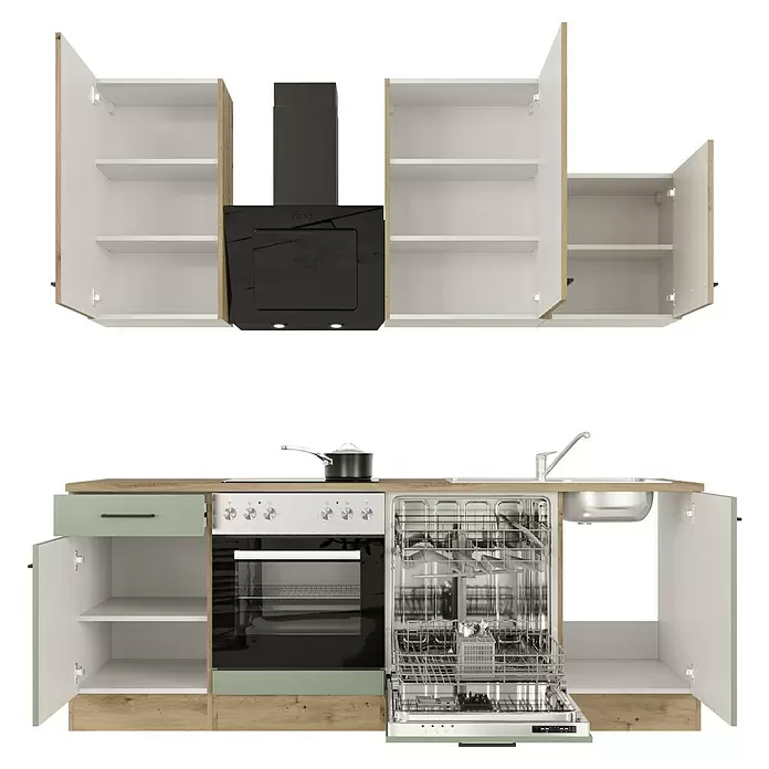 Flex-Well Cara Küchenzeile - Breite: 220 cm, Höhe: 234 cm, Schilfgrün Antifingerprint / Artisan Eiche, Mit Elektrogeräten, Edelstahlspüle - Modularküche mit hellen Holz-, weißen und hellgrünen Schränken. Mit offenem Geschirrspüler, Backofen, Kochfeld, Spüle und Dunstabzugshaube.