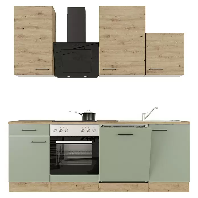 Flex-Well Cara Küchenzeile - Breite: 220 cm, Höhe: 234 cm, Schilfgrün Antifingerprint / Artisan Eiche, Mit Elektrogeräten, Edelstahlspüle - Zweifarbige Küche: Helle Holz-Oberschränke, salbeigrüne Unterschränke. Mit Spüle, Holz-Arbeitsplatte und schwarzen/silbernen Geräten.