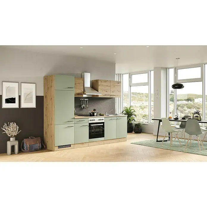 Flex-Well Cara Küchenzeile - Breite: 270 cm, Höhe: 200 cm, Schilfgrün Antifingerprint / Artisan Eiche, Mit Elektrogeräten - Helle, moderne Küche mit mintgrünen Fronten und Holzelementen, Essbereich mit Tisch und Stühlen, helle Räume durch grosse Fenster.