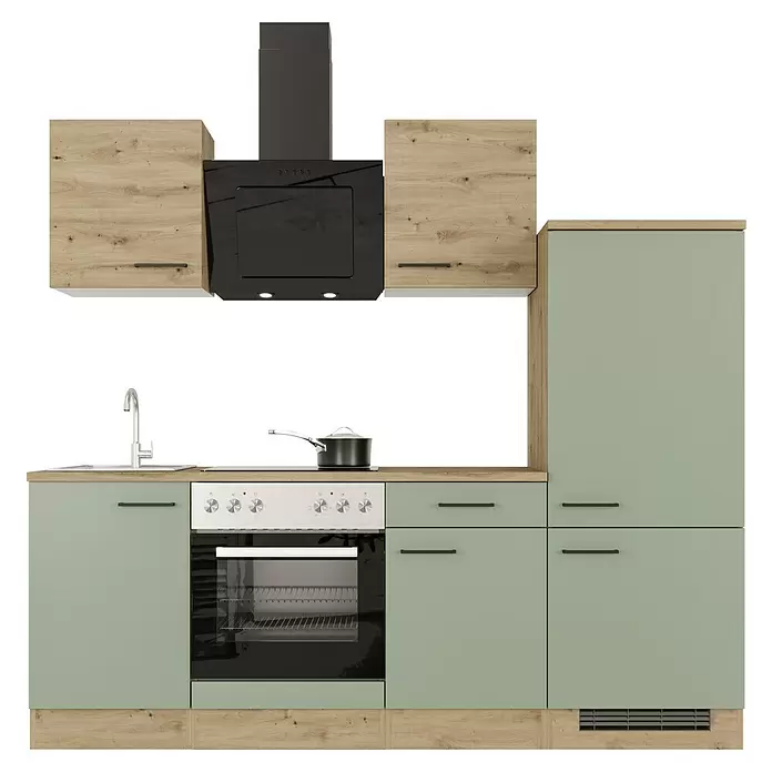 Flex-Well Cara Küchenzeile - Breite: 220 cm, Schilfgrün Antifingerprint / Artisan Eiche, Mit Elektrogeräten, Edelstahlspüle - Moderne Küchenzeile mit hellen Holzoptik-Oberschränken, salbeigrünen Unterschränken, integriertem Backofen, Kochfeld, Spüle und schwarzer Dunstabzugshaube.