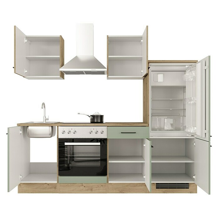 Flex-Well Cara Küchenzeile Typ 1 (Breite: 220 cm, Höhe: 200 cm, Grün/Eiche, Mit Elektrogeräten) | BAUHAUS