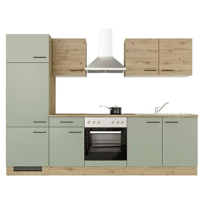 Flex-Well Cara Küchenzeile - Breite: 270 cm, Höhe: 200 cm, Schilfgrün Antifingerprint / Artisan Eiche, Mit Elektrogeräten - Moderne Küchenzeile mit hellgrünen Schränken, Holzelementen, Backofen, Kochfeld, Spüle und Dunstabzugshaube.