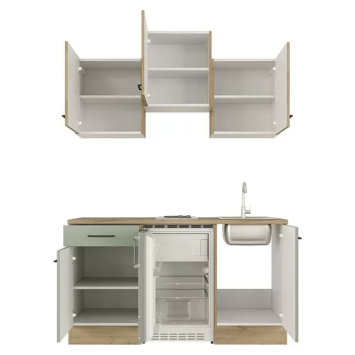 Flex-Well Cara Singleküche - Breite: 150 cm, Grün/Eiche, Anti-Finger-Print Oberfläche, Mit Elektrogeräten - Kompakte Küchenzeile mit weißen, hellen Holz- und hellgrünen Elementen; mit Oberschränken, integriertem Kühlschrank, Spüle und Kochfeld.