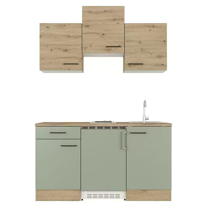 Flex-Well Cara Singleküche - Breite: 150 cm, Grün/Eiche, Anti-Finger-Print Oberfläche, Mit Elektrogeräten - Kompakte Küchenzeile mit hellen Holz-Oberschränken und salbeigrünen Unterschränken, integriertem Kochfeld, Spüle und Gerät.