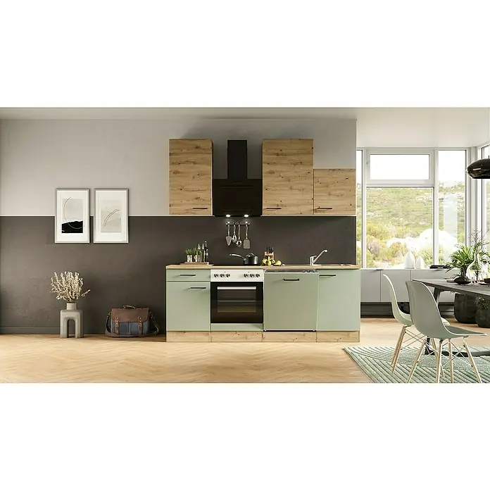 Flex-Well Cara Küchenzeile - Breite: 220 cm, Höhe: 234 cm, Schilfgrün Antifingerprint / Artisan Eiche, Mit Elektrogeräten, Edelstahlspüle - Moderne Küche mit grünen Schränken, hellen Holzdetails und schwarzem Dunstabzug. Helle Arbeitsplatte bietet viel Platz zum Kochen.