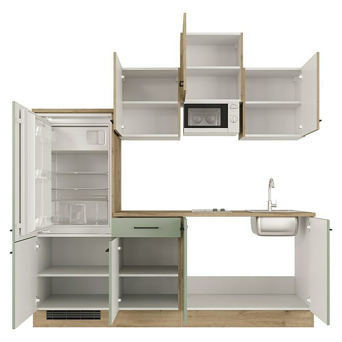 Flex-Well Cara Singleküche mit Mikrowelle (Breite: 210 cm, Grün/Eiche, Anti-Finger-Print Oberfläche) | BAUHAUS