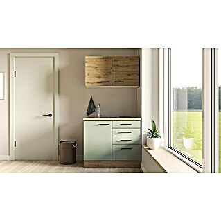 Flex-Well Cara Miniküche (Breite: 100 cm, Grün/Eiche, Anti-Finger-Print Oberfläche)