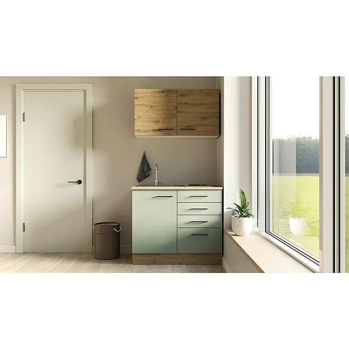 Flex-Well Cara Miniküche - Breite: 100 cm, Grün/Eiche, Anti-Finger-Print Oberfläche - Ein Waschbeckenunterschrank mit Spüle, Armatur und Stauraum, der Funktionalität und modernes Design vereint.