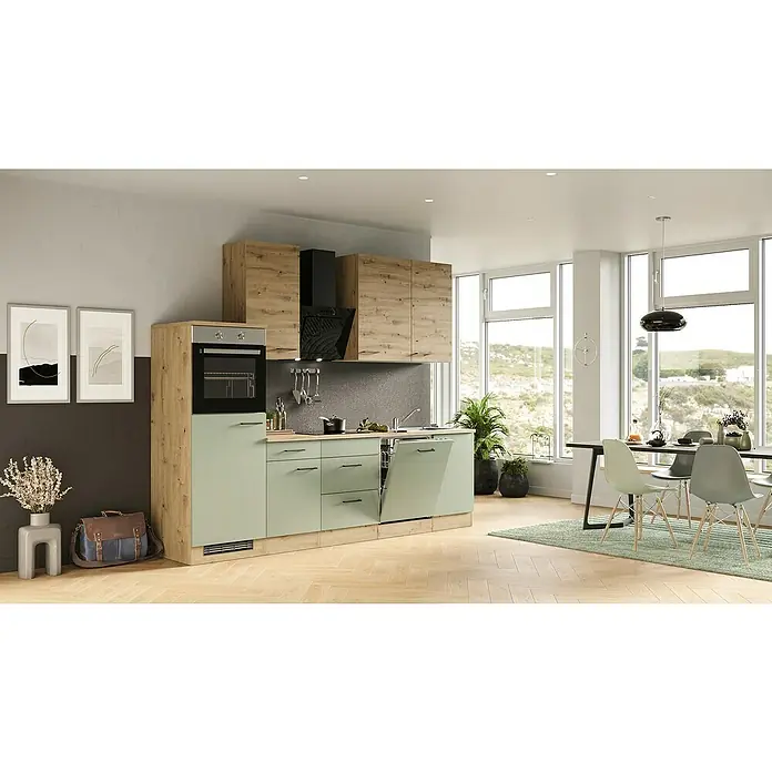 Flex-Well Cara Küchenzeile - Breite: 280 cm, Höhe: 234 cm, Schilfgrün Antifingerprint / Artisan Eiche, Mit Elektrogeräten, Edelstahlspüle - Helle Küche mit mintfarbenen Unterschränken, Holzoptik-Oberschränken und Essecke mit Blick ins Grüne. Elegante Gestaltung.