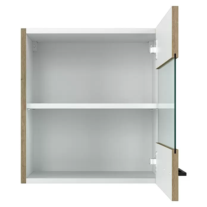 Flex-Well Cara Glas-Hängeschrank - B x T x H: 50 x 32 x 54,8 cm, Eiche - Offener weißer Schrank mit Holzoptik-Seitenwänden, einem Einlegeboden und einer teilweise verglasten Tür.