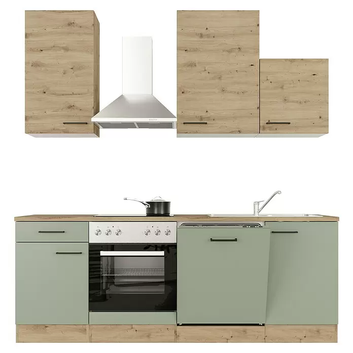 Flex-Well Cara Küchenzeile - Breite: 220 cm, Höhe: 234 cm, Schilfgrün Antifingerprint / Artisan Eiche, Mit Elektrogeräten - Modulare Küche: Oberschränke Holz, Unterschränke Salbeigrün, mit Herd, Spüle, Dunstabzugshaube.