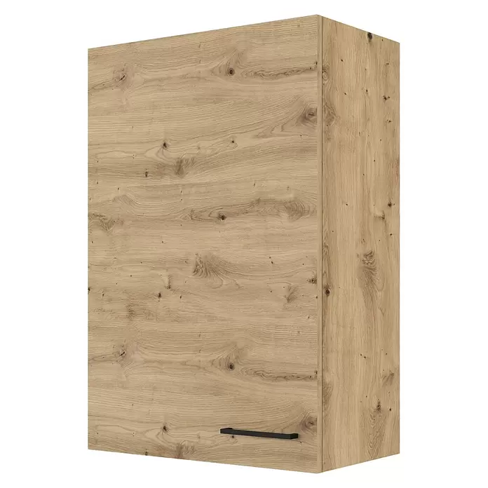 Flex-Well Cara Küchen-Hängeschrank - B x T x H: 60 x 32 x 89 cm, Eiche - Hänge-/Wandschrank aus hellem Holz mit schwarzem Griff.