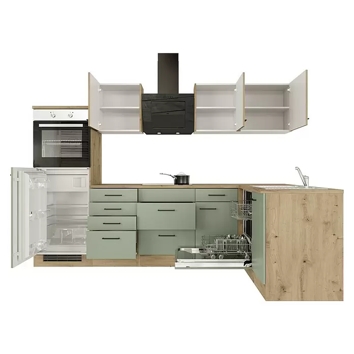 Flex-Well Cara Winkelküche - L x B: 170 x 280 cm, Schilfgrün Antifingerprint / Artisan Eiche, Mit Elektrogeräten, Edelstahlspüle - Moderne Küche mit hellgrünen Schränken, Holzoptik-Paneelen, weißen Geräten und schwarzem Backofen/Dunstabzug. Kühlschrank und Spülmaschine sind offen.