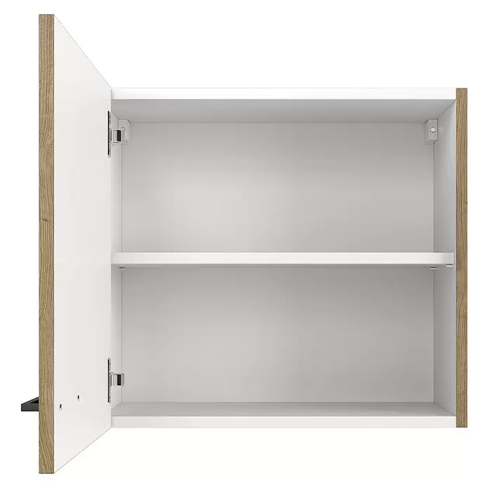 Flex-Well Cara Küchen-Hängeschrank - B x T x H: 60 x 32 x 54,8 cm, Eiche - Offener Wandschrank mit weißer Innenausstattung, heller Holzmaserung und einem Regal.